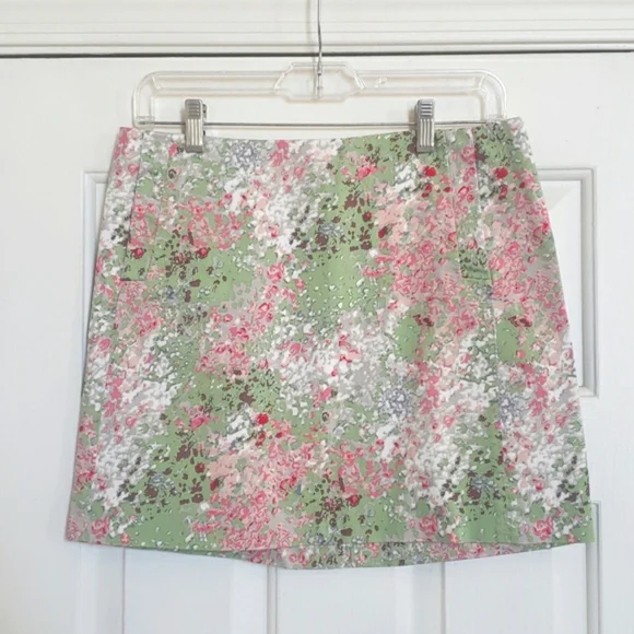 J.CREW Watercolor Floral Mini Skirt Pink Green Cotton Stretch Size 4 - Picture 3 of 12